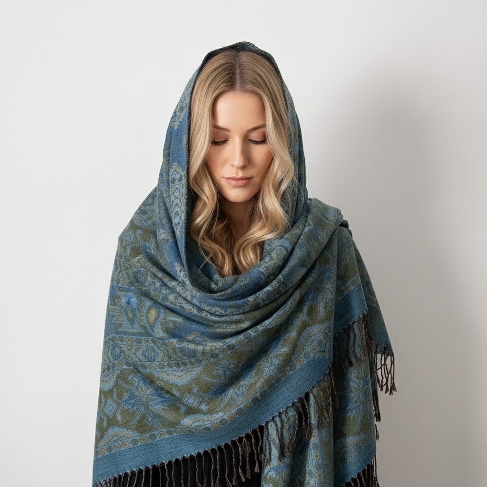 Boho Tribal Print Oversize Scarf Wrap Olive Blue Geometric Fringed Shawl Blanket
